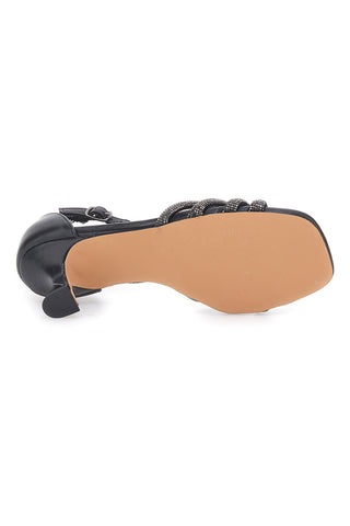 THE FIRST 612 Schwarze Sandalen mit Schmucksteinen, niedrigem Absatz und Glitzerriemen