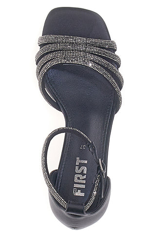 THE FIRST 612 Schwarze Sandalen mit Schmucksteinen, niedrigem Absatz und Glitzerriemen
