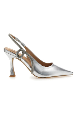 Silberne Slingback-Pumps mit spitzer Zehenpartie und Strassriemen Mon Dieu 8820H118