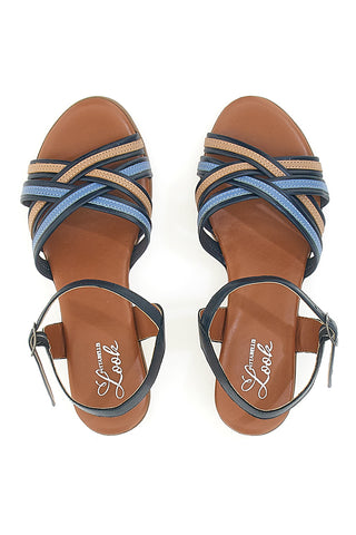 Blaue und braune Sandalen mit Blockabsatz aus echtem Leder PITTARELLO LOOK 243110