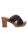 Galia MY041C schwarze Clogs mit gekreuzten Bändern und Basis in Holzoptik