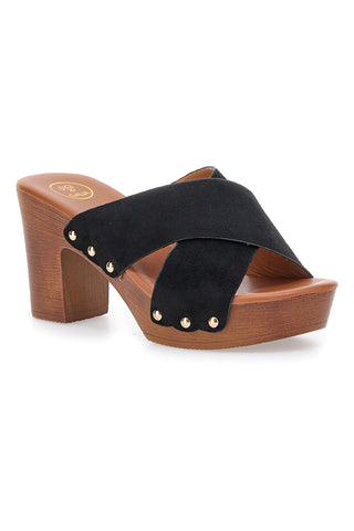 Galia MY041C schwarze Clogs mit gekreuzten Bändern und Basis in Holzoptik