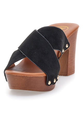 Galia MY041C schwarze Clogs mit gekreuzten Bändern und Basis in Holzoptik