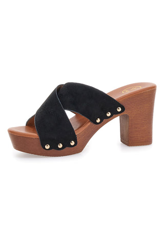 Galia MY041C schwarze Clogs mit gekreuzten Bändern und Basis in Holzoptik