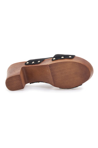 Galia MY041C schwarze Clogs mit gekreuzten Bändern und Basis in Holzoptik