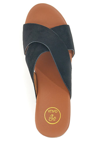 Galia MY041C schwarze Clogs mit gekreuzten Bändern und Basis in Holzoptik