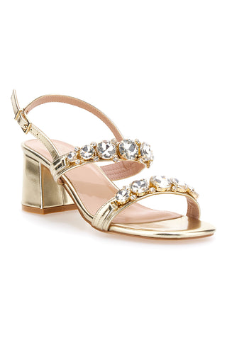 Goldfarbene Sandalen mit Schmucksteinen und breitem Absatz Mon Dieu 656