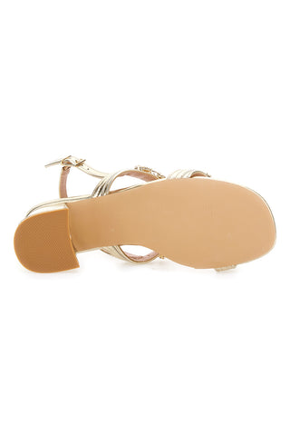 Goldfarbene Sandalen mit Schmucksteinen und breitem Absatz Mon Dieu 656
