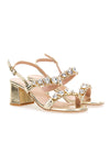 Goldfarbene Sandalen mit Schmucksteinen und breitem Absatz Mon Dieu 656