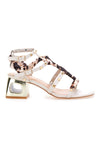 Sandali beige con borchie, lacci animalier e tacco geometrico Mon Dieu 1652