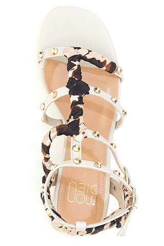 Sandali beige con borchie, lacci animalier e tacco geometrico Mon Dieu 1652