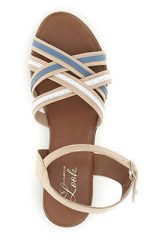 Sandali beige in pelle con tacco basso e listini Pittarello look 243110