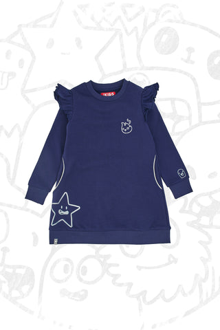 Blaues Kleid mit Taschen und grauen Drucken PITT KIDS 6001