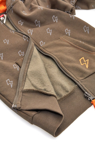 Grün-orangefarbenes Sweatshirt mit Kapuze und zentralem Reißverschluss PITT KIDS 6025
