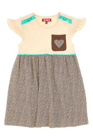Beiges Kleid mit Animal-Print-Rock und blauen Details PITT KIDS PT-K-SK-7003