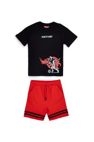 Schwarz und rot Outfit mit T-Shirt und Shorts Pitt Kinder PT-B-T-9048