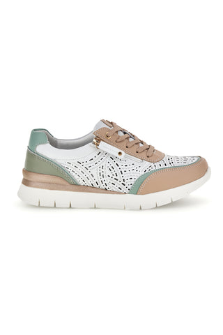 Sneakers bianco con dettagli beige e salvia tomaia in pelle Prima riga 33314