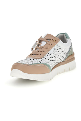 Sneakers bianco con dettagli beige e salvia tomaia in pelle Prima riga 33314