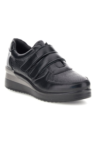 Sneaker Nera con Doppio Strappo in Pelle ed Effetto Pitone Plocadi MINB225