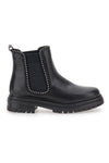 Schwarze Chelsea-Stiefel mit metallischen Einsätzen im Café kosten 200135