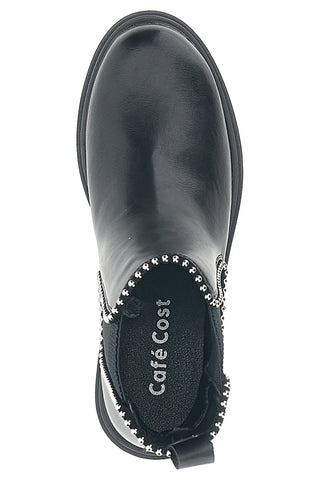 Schwarze Chelsea-Stiefel mit metallischen Einsätzen im Café kosten 200135