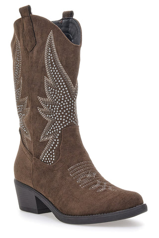 Braune texanische Stiefeletten mit Stickerei und Café-Nieten kosten RQTZ3034