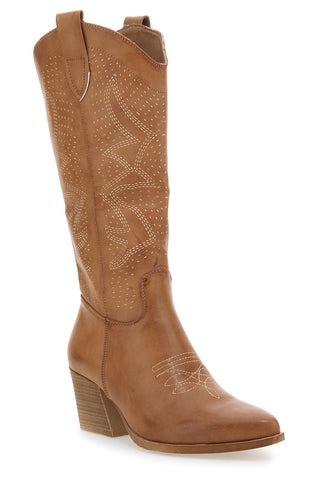 Khakifarbene Texan-Stiefel mit perforiertem Obermaterial CAFÈ COST Q32