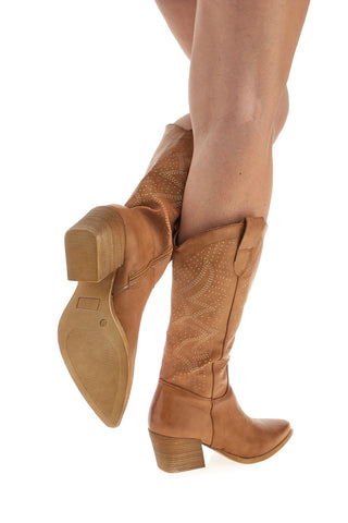 Khakifarbene Texan-Stiefel mit perforiertem Obermaterial CAFÈ COST Q32