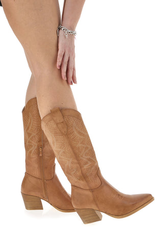 Khakifarbene Texan-Stiefel mit perforiertem Obermaterial CAFÈ COST Q32