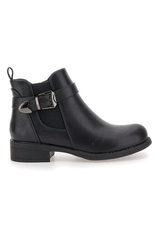 The First P621 – Schwarze Stiefeletten mit niedrigem Absatz und seitlicher Schnalle