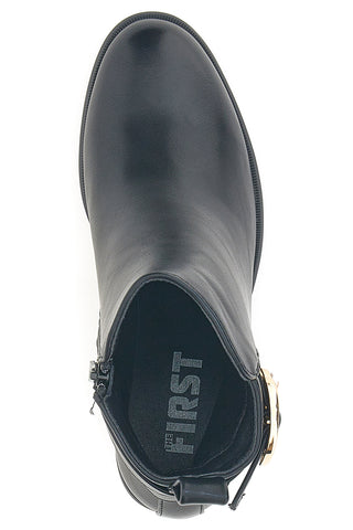 The First P635 Schwarze Stiefeletten mit Absatz und doppelter goldener Schnalle