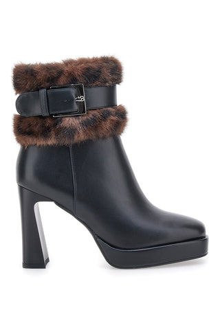 Tronchetti neri con tacco alto, cinturino e profilo in pelliccia Laura Biagiotti 9384M