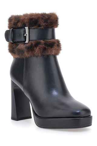 Tronchetti neri con tacco alto, cinturino e profilo in pelliccia Laura Biagiotti 9384M