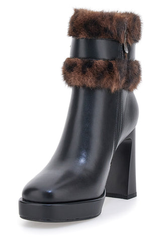 Tronchetti neri con tacco alto, cinturino e profilo in pelliccia Laura Biagiotti 9384M