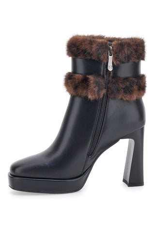 Tronchetti neri con tacco alto, cinturino e profilo in pelliccia Laura Biagiotti 9384M