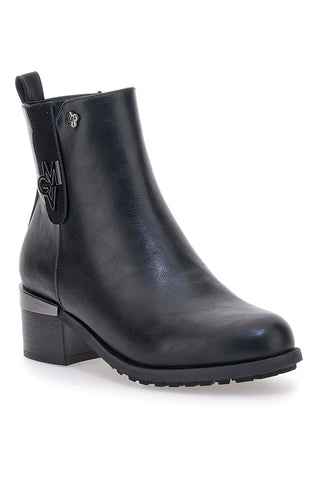 Schwarze Stiefeletten mit niedrigem Absatz und GMV TR0331-Logodetail