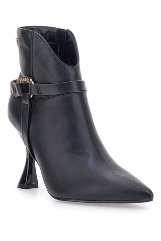 Ferrè F461C510 schwarze spitze Stiefeletten mit ausgestelltem Absatz und Riemen