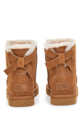 Stivaletti cammello in pelle con bordo in pelo e fiocchi decorativi stile pantofola Pittarello wow 18175