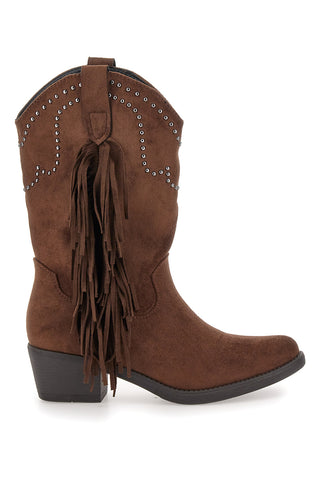 Stivali texani marroni con frange e borchie The First P637