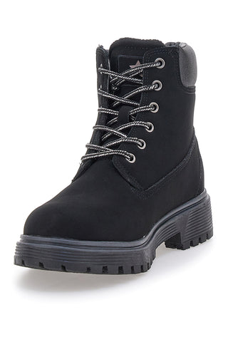 Schwarze, gepolsterte Stiefeletten mit Profilsohle, Baumwollgürtel, Ellie Nbk