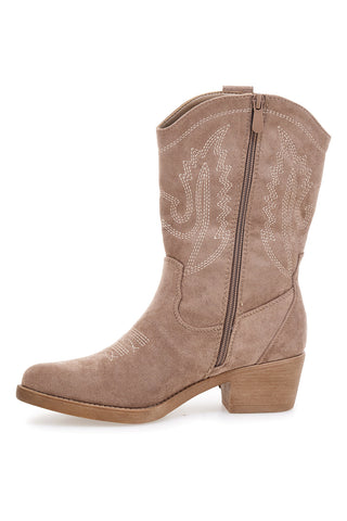 Café Cost RQ2613 Taupefarbene Texan-Ankle-Boots mit Fransen und Stickerei
