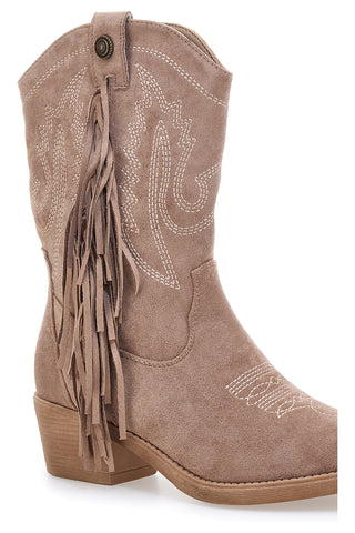 Café Cost RQ2613 Taupefarbene Texan-Ankle-Boots mit Fransen und Stickerei