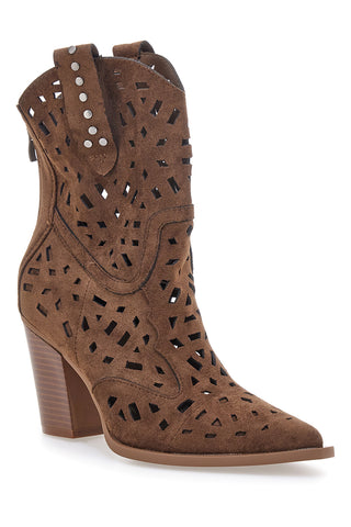 Stivaletti texani marroni traforati con cerniera Cafe' cost P724