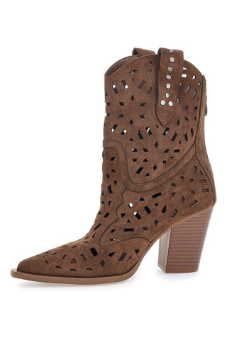 Stivaletti texani marroni traforati con cerniera Cafe' cost P724