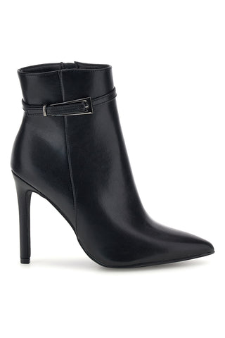 Schwarze Stiefeletten mit spitzer Zehenpartie, Absatz und Schnalle von The First P749