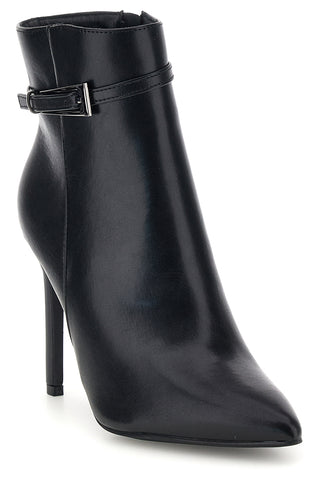 Schwarze Stiefeletten mit spitzer Zehenpartie, Absatz und Schnalle von The First P749