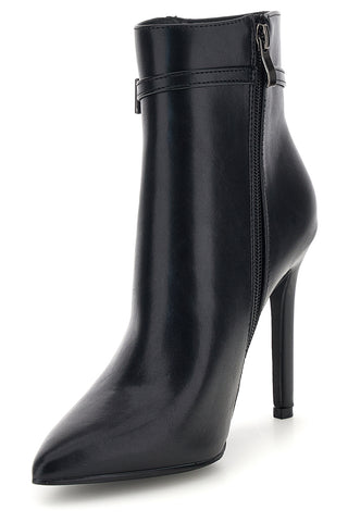 Schwarze Stiefeletten mit spitzer Zehenpartie, Absatz und Schnalle von The First P749
