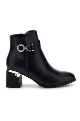Schwarze Stiefeletten mit Schmuck-Schnalle und breitem Absatz – The First P743