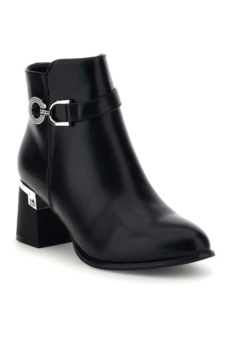 Schwarze Stiefeletten mit Schmuck-Schnalle und breitem Absatz – The First P743