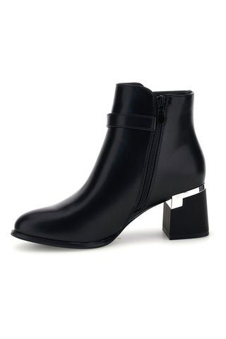 Schwarze Stiefeletten mit Schmuck-Schnalle und breitem Absatz – The First P743